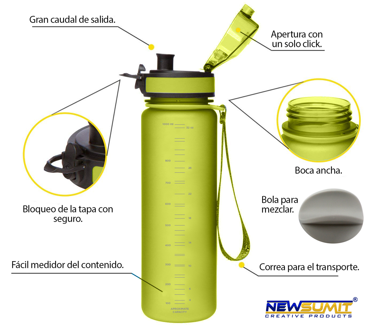 Botella de Agua Deportiva Superior - BPA free - 350ml - Gris - NEWSUMIT